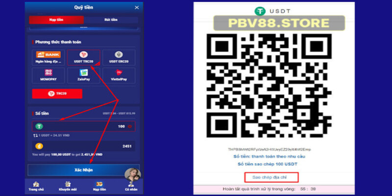 Các bước gửi tiền vào thông qua hình thức ví điện tử USDT